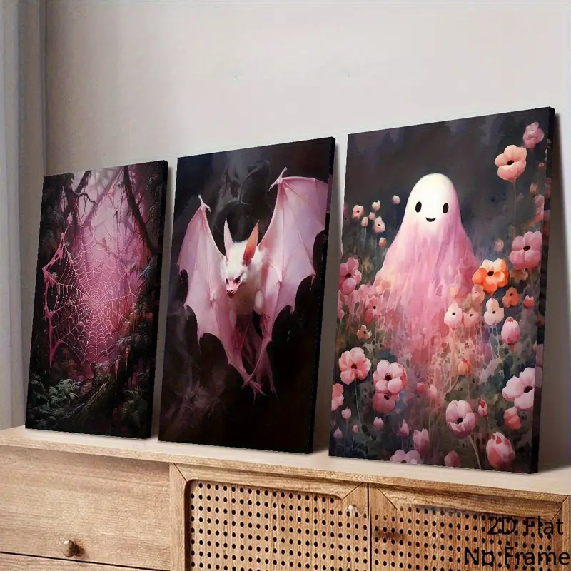 Quadro decorativo Halloween Gótico - Teia de Aranha, Morcego e Flor