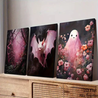 Quadro decorativo Halloween Gótico - Teia de Aranha, Morcego e Flor