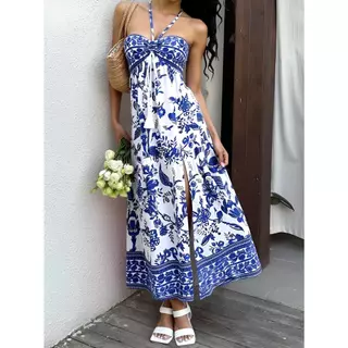 Vestido de Praia Estilo Boêmio, Vestido Longo de Verão com Alça Fina Luxuoso para Férias, Roupa Maxi para Mulheres em Oferta na Shopee