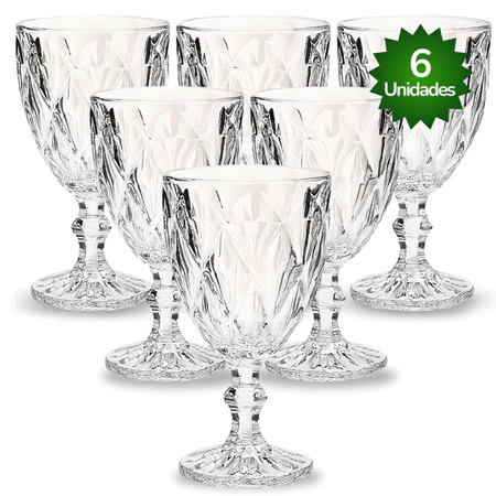 Jogo kit 6 taça diamante vidro transparente bico de jaca 340ml