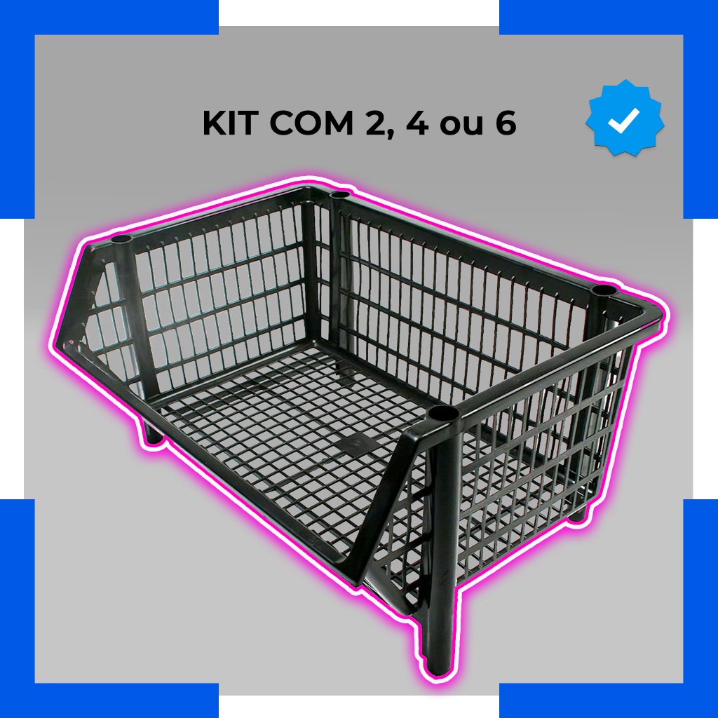 Kit com 2 a 4 Cestos Organizadores Pretos 58 cm Plásticos Em