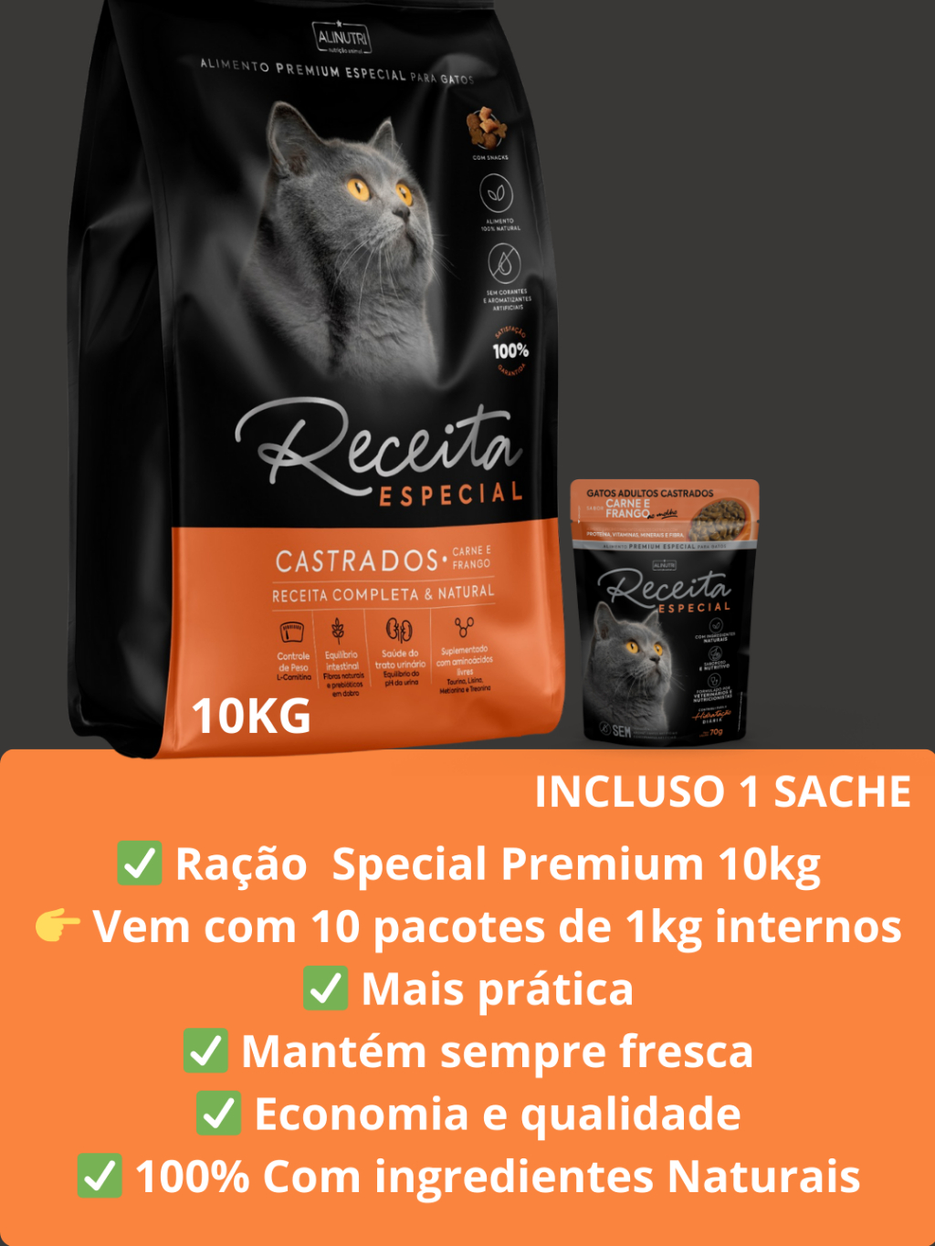 Ração Gato Castrado Receita Especial sabores Carne e Frango10kg ...