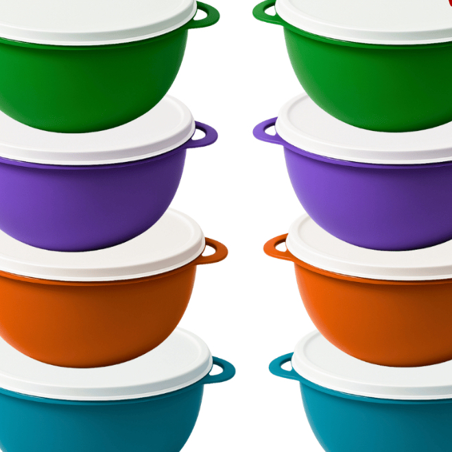 Bowl Kit Potes Plástico Colorido Tampa Branca 1L Cozinha Marmita