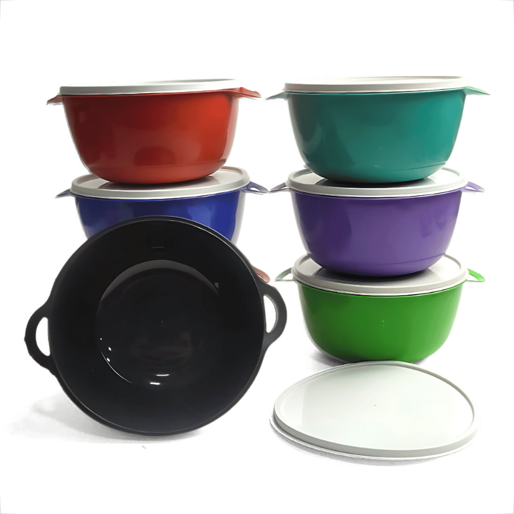 Bowl Kit Potes Plástico Colorido Tampa Branca 1L Cozinha Marmita