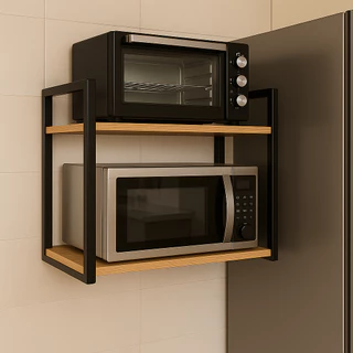 Prateleira Dupla Suspensa 60cm Industrial Suporte Microondas Forno Aço Metalon Madeira Pinus