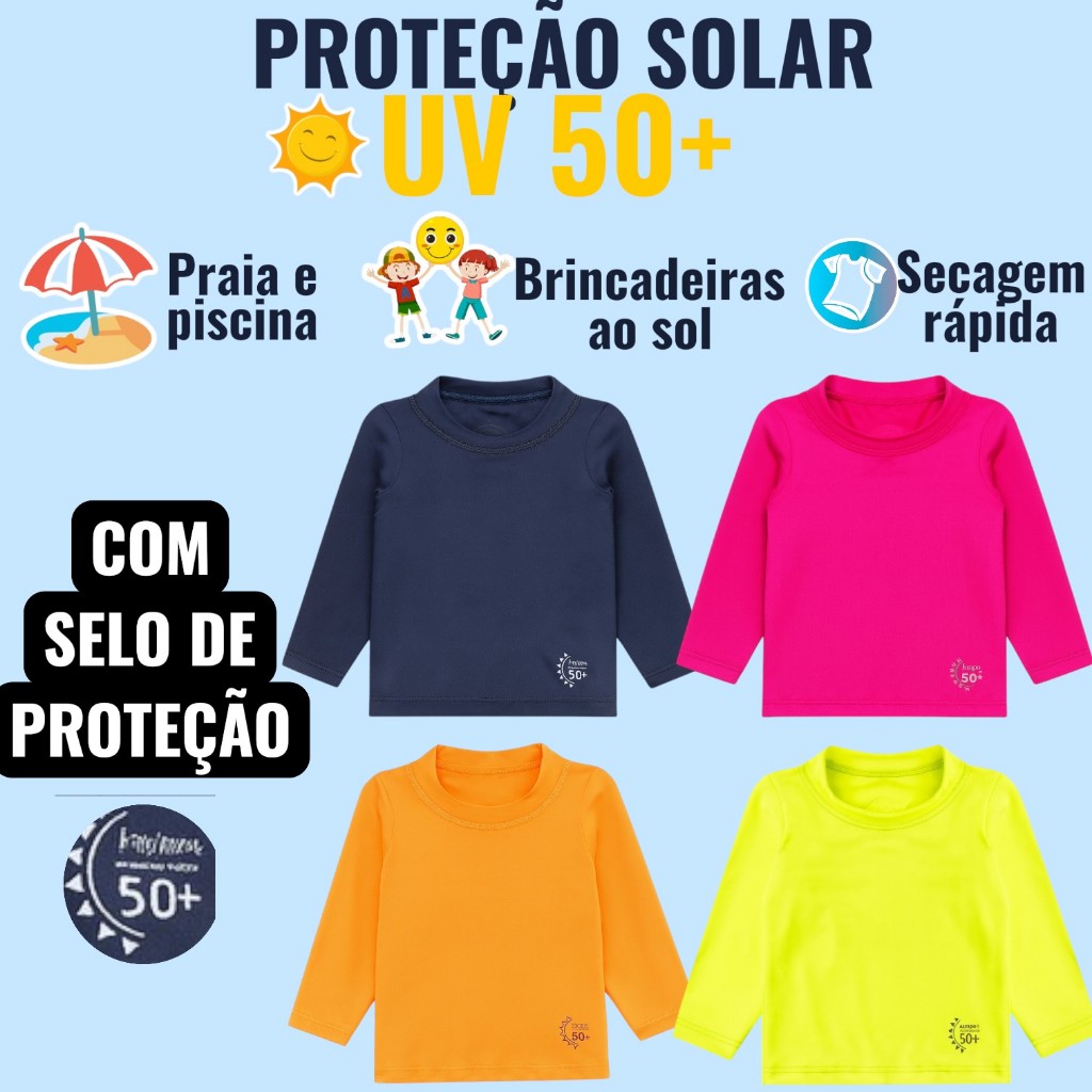 Blusa Infantil Proteção Solar UV 50+ Manga Longa Praia Piscina Verão ...