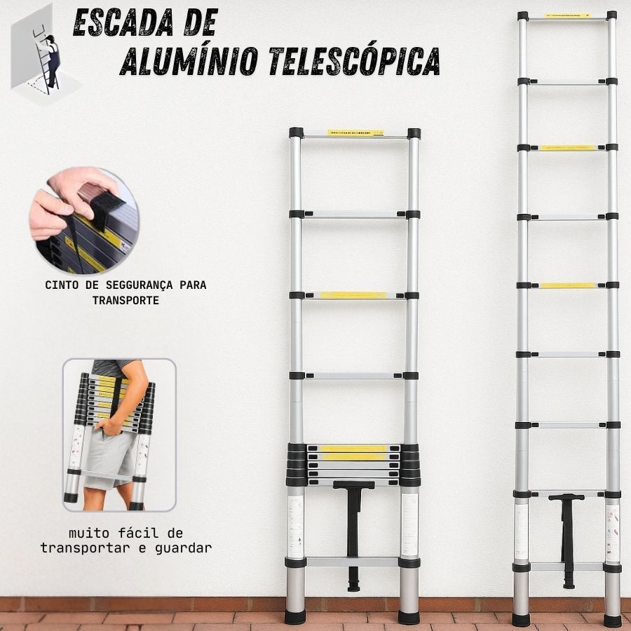 Escada de Alumínio Telescópica Extensível Dobrável até 3,8 Metros ...