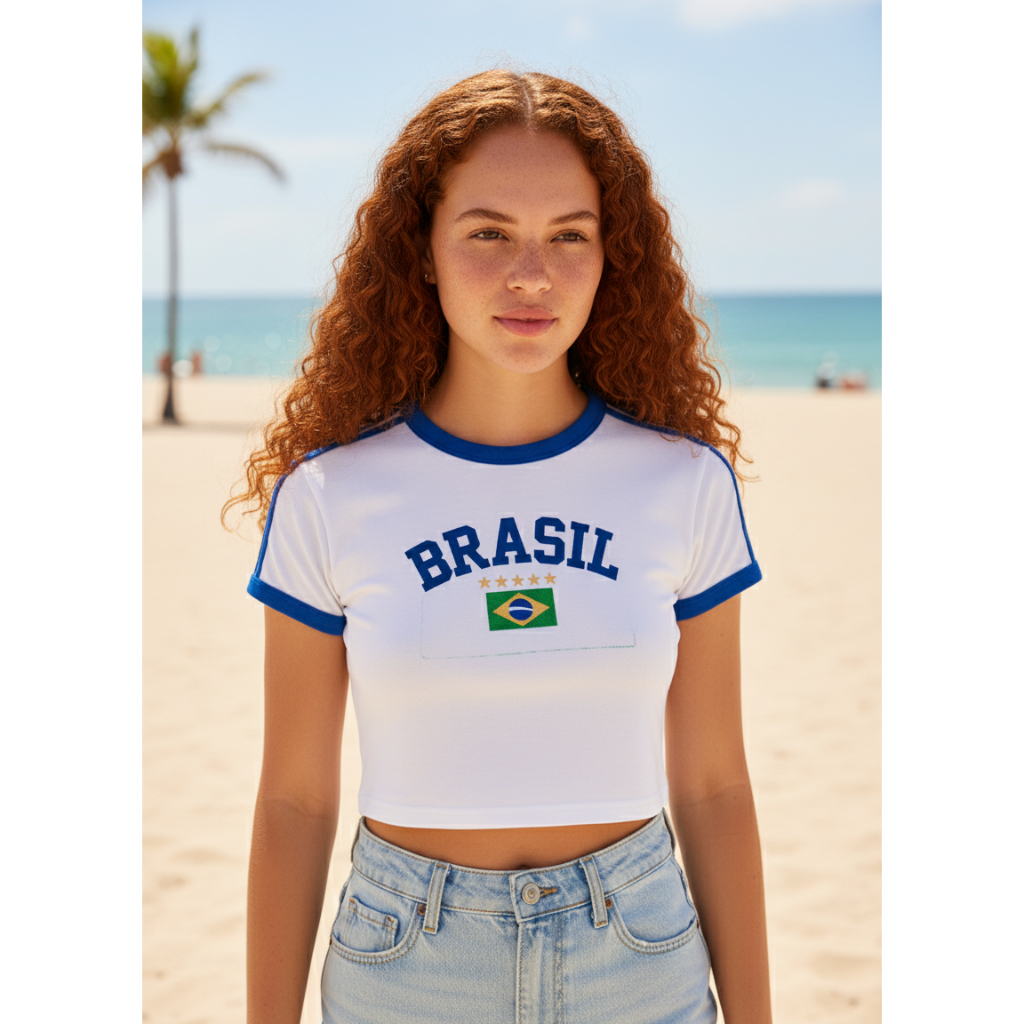 Cropped do brasil bandeira bordada branco com azul em Oferta na Shopee
