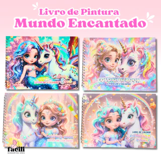 Caderno de Pintura Mundo Encantado com Princesa, Sereia e Unicornio - Diversão Desenhos Grandes em Oferta na Shopee