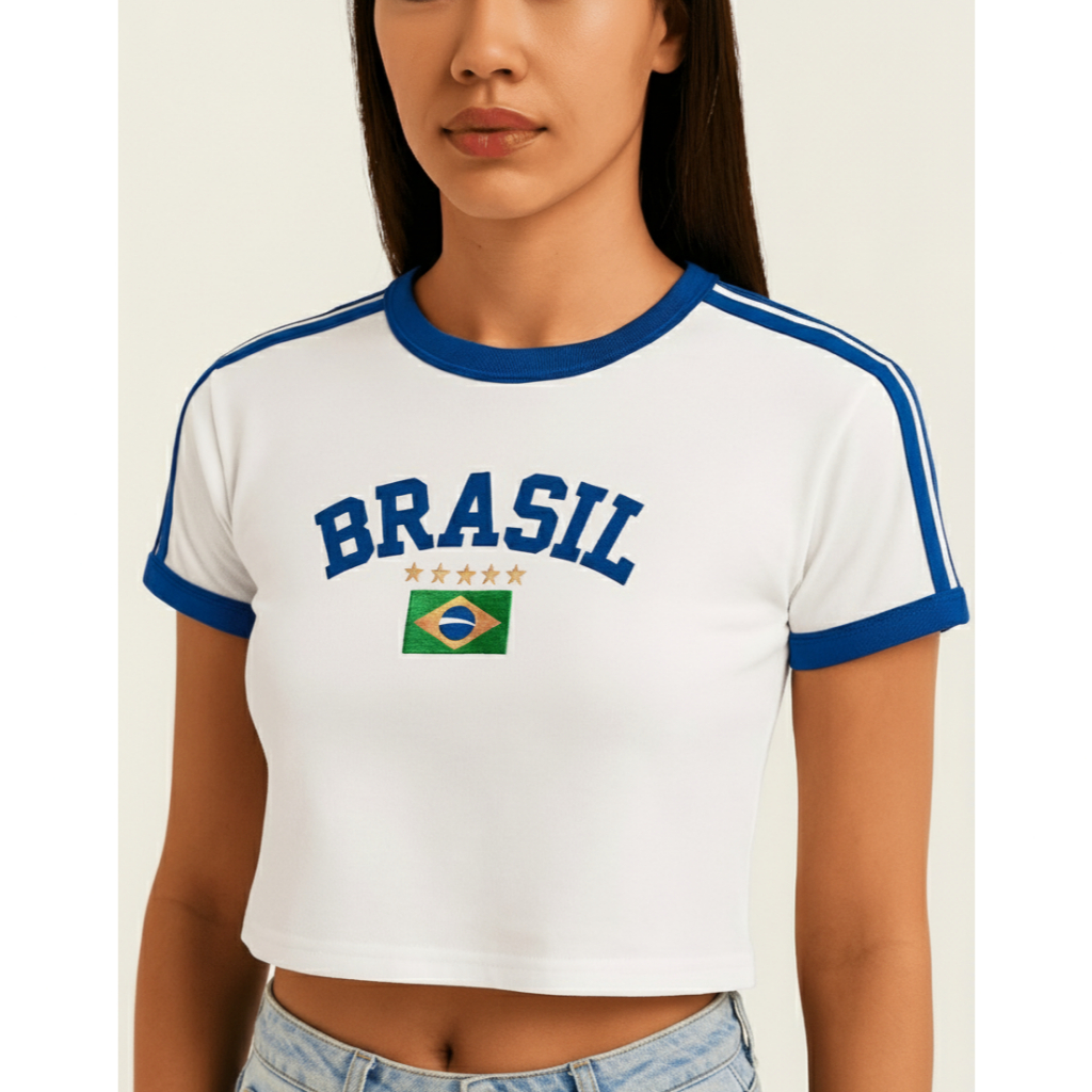 Cropped Do Brasil Bandeira Bordada - Branco Com Azul em Oferta na Shopee