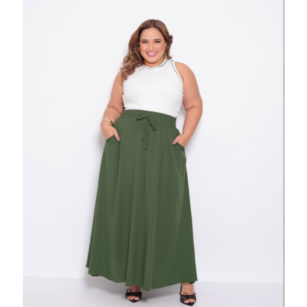 Saia Longa Plus Size Viscolinho Cintura Alta com Bolsos e Fendas ...