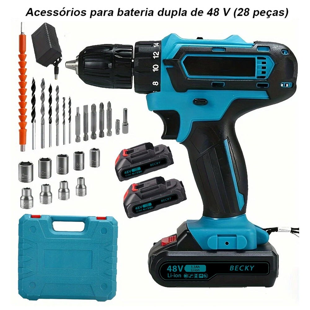 Parafusadeira 2 Baterias 48v Furadeira Maleta 28pcs Cor Preto