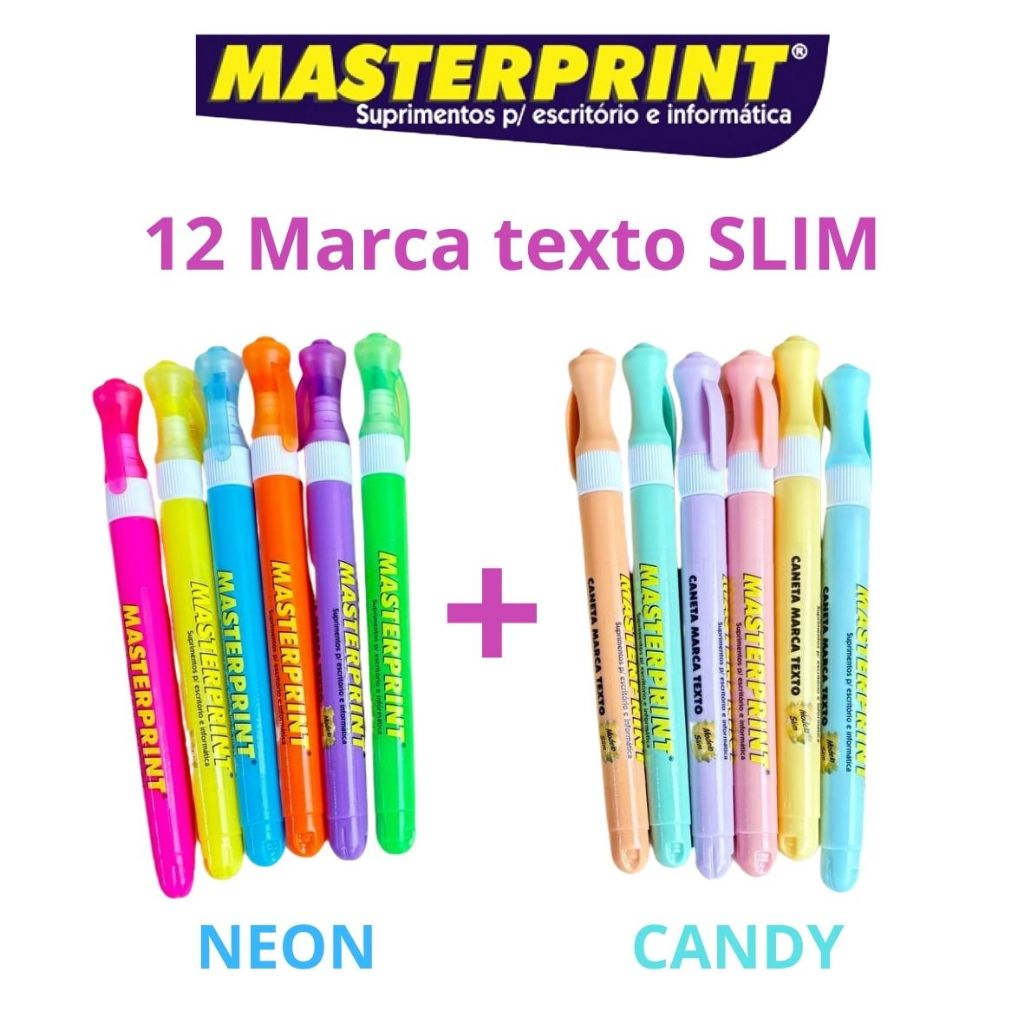 12 Canetas Marca Texto Slim (6 Neon ou 6 pastel) ou escolha na variação ...