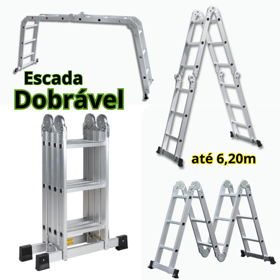 Escada Articulada de Alumínio até 20 Degraus 6,20 Metros de Altura ...