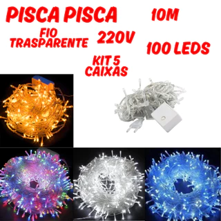 Kit 5 Pisca Pisca 100 Leds 10M Fio Transparente 220V 8 Modos Natalino Uso Interno em Oferta na Shopee