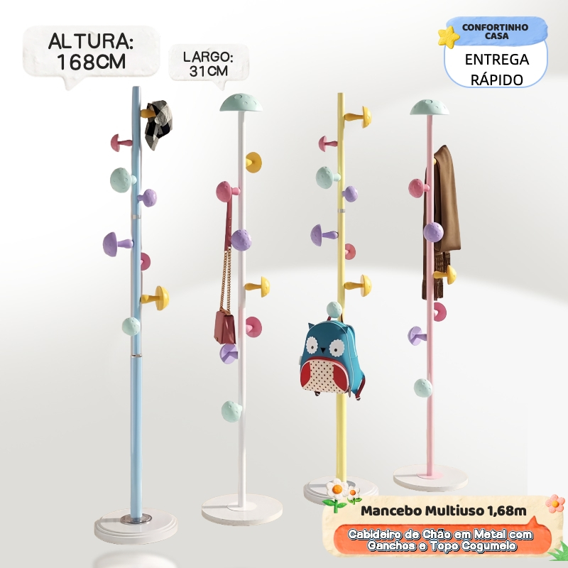 Cabideiro de Chão em Metal 168cm com Ganchos – Suporte para Roupas e Bolsas para Quarto e Hall