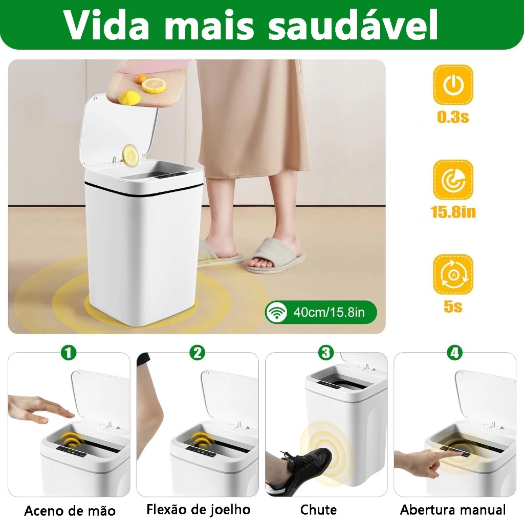 Lixeira Sensor Automática Inteligente de Banheiro Cozinha Escritório Capacidade 16 Litros