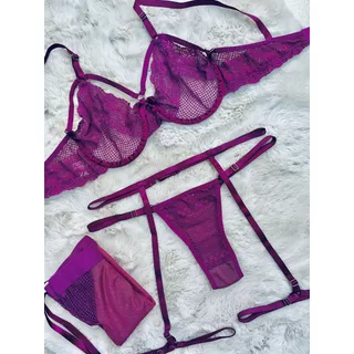 Conjunto Lingerie 4 peças Saia Tule Cinta Liga Sensual Calcinha Sutiã Com Aro