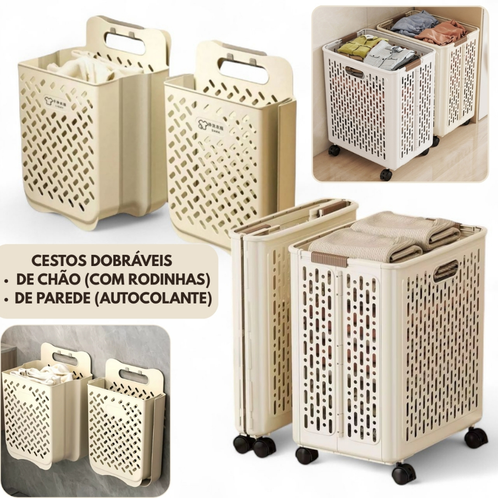 Cestos De Roupa Suja Retrátil Dobrável De Parede e De Chão Com Rodinhas ...