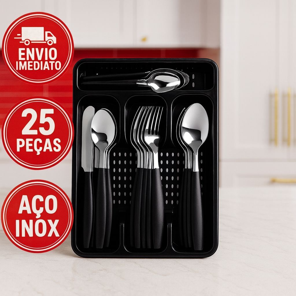 KIT TALHERES 25 PEÇAS ORIGINAL PRETO AÇO INOX | Shopee Brasil