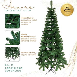 Árvore Pinheiro Slim Tradicional Natal 1,80M X 0,60 CM 320 Galhos Hastes Flexíveis Black Friday