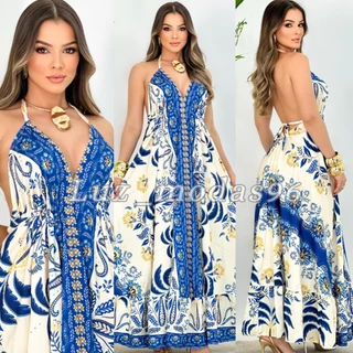 Vestido Feminino Longo Estilo Indiano Frente Única e Costa Nua, Estampado Elegante. em Oferta na Shopee