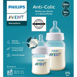 1 Kit 2un Mamadeira Philips Avent Anti-colic 125ml + 260ml, Transparente, SCY119/05