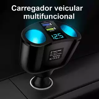 Carregador Veicular Turbo 120W Rápido USB + Tipo-C Display LED Digital