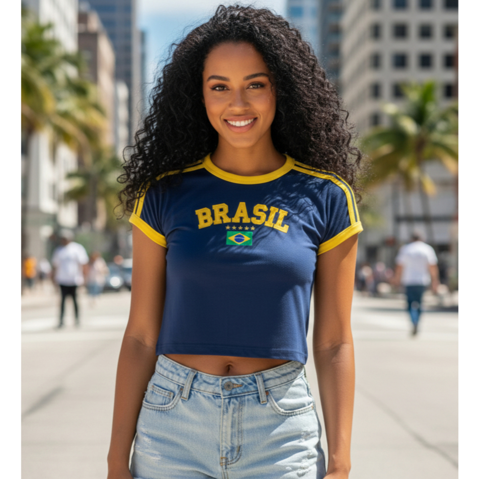 Cropped Do Brasil Bandeira Bordada Azul Escuro em Oferta na Shopee