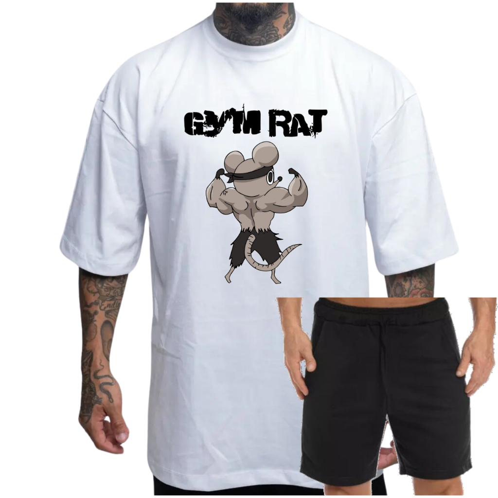Conjunto Camiseta Oversized Branca Gym Rat Bermuda Moletom Preta