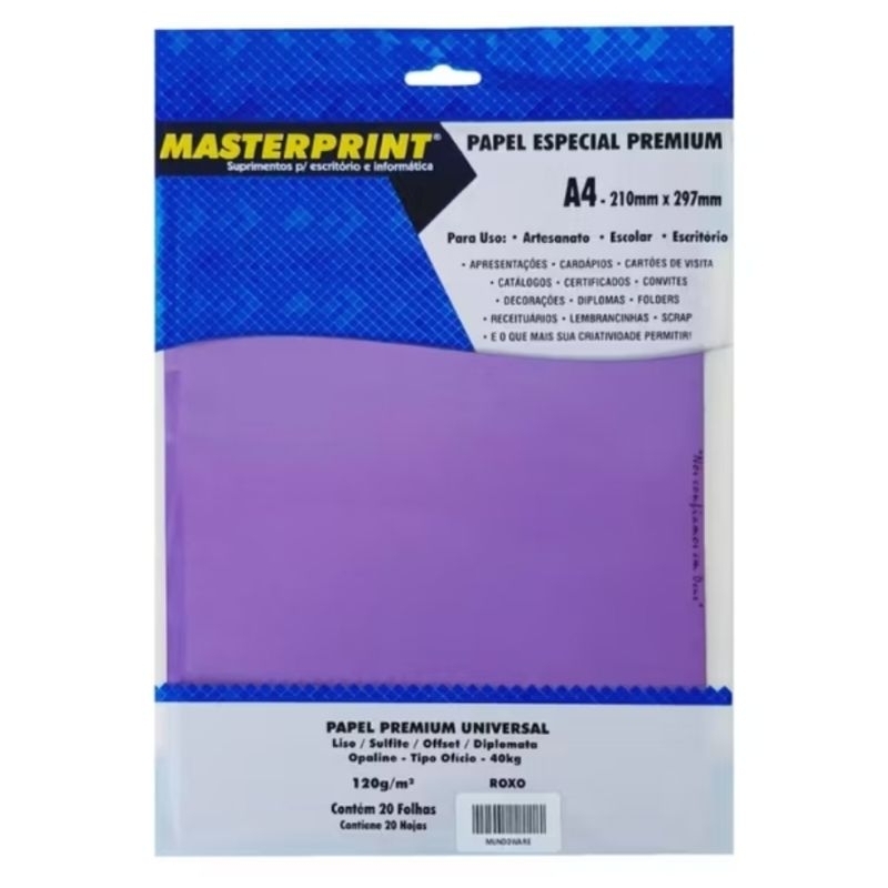 Papel especial premium semibrilho ROXO 120g/m² 20 folhas A4 Masterprint ...