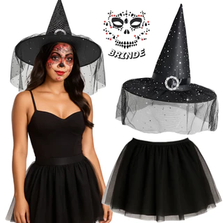 Fantasia Bruxa Feminina Adulta Festa Carnaval Halloween Saia Tule Chapéu Adesivo 3D