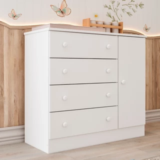 Cômoda Infantil 4 Gavetas com Porta Fraldário Lia 100% MDF Branca em Oferta na Shopee