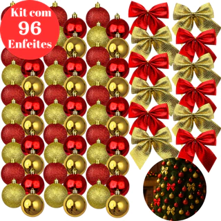 Kit 96 Enfeites De Natal Com 72 Bolinhas 3cm + 24 Laços Brilho - Enfeites P/ Árvore De Natal