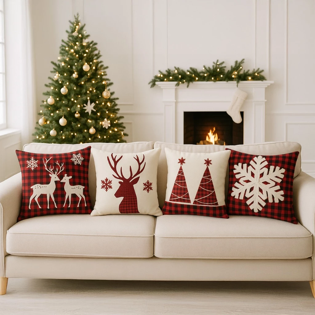 Kit 4 Capas de Almofadas Decorativas 45x45cm Feliz Natal