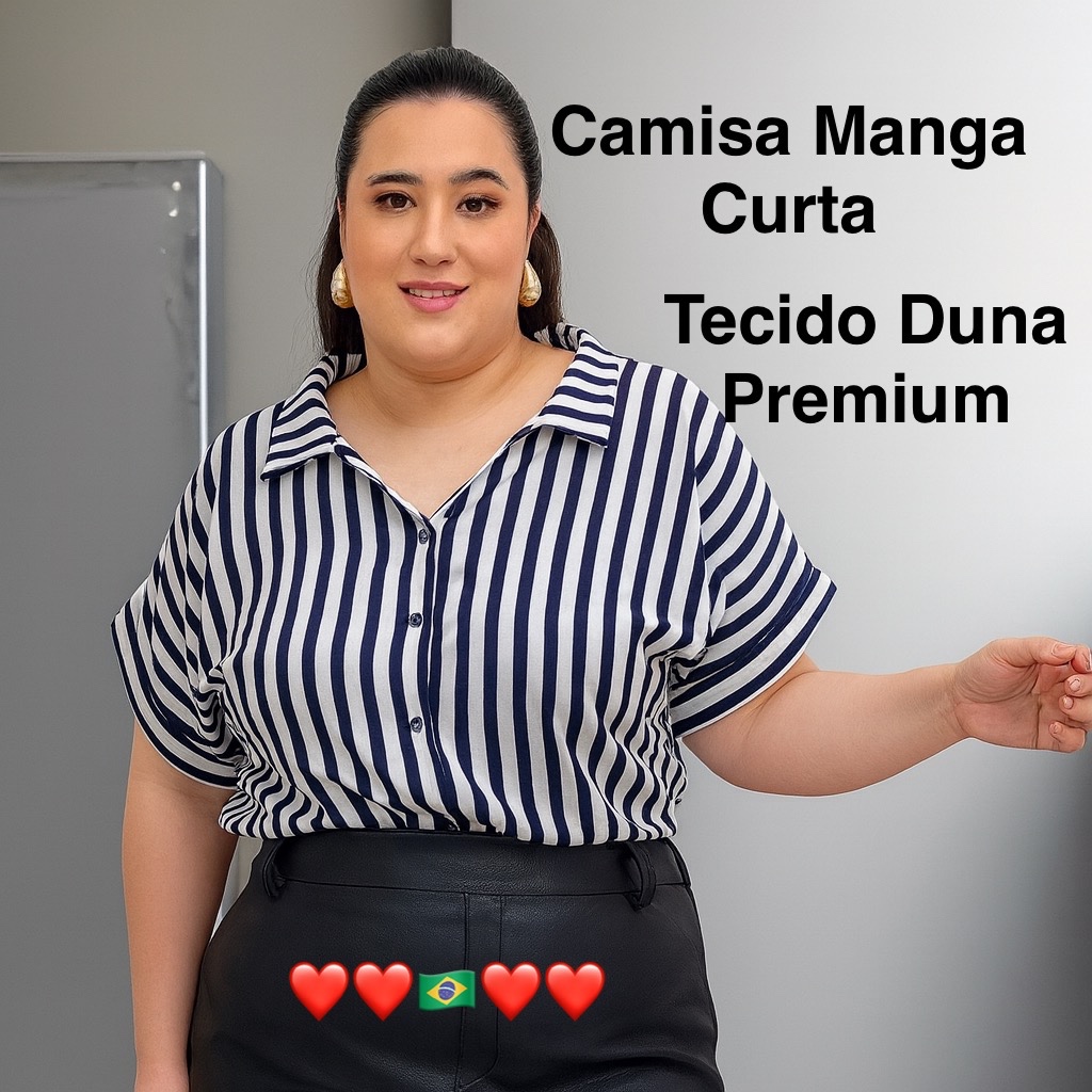 Camisa Feminina Duna Premium Manga Curta Botões Forrados Lisa/Listrada Veste 44–50 | Shopee Brasil