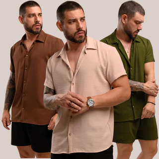 Kit 2 Camisa Masculina Manga Curta Botao Textura Verao Duna Viscose Slim Premium Praia Fresquinha