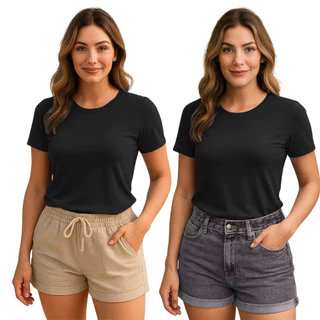 Kit 2 Camiseta Modal T-Shirts Feminina 2x mais macia que o algodão - Gola V e Redonda (Aleatório)
