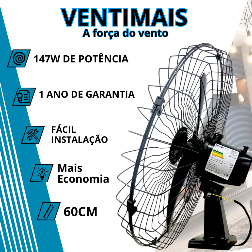 Ventilador Industrial Parede Ventimais 60cm 147W 3 Pás Potente e Econômico