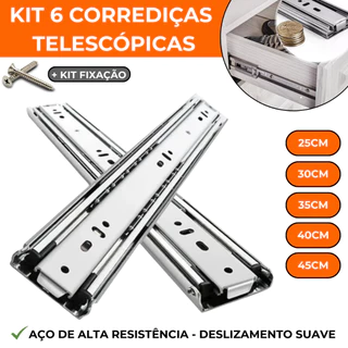 Kit 6 Corrediças Telescópicas Light Aço Gaveta Trilho Deslizante Com Parafusos 25cm 30cm 35cm 45cm