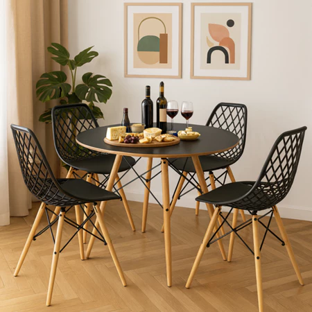 Conjunto sala de jantar mesa eames 90cm + 4 cadeiras kaila pp coress
