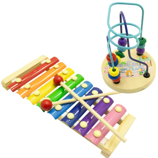 Kit 2 Brinquedos Educativos Xilofone Musical Montessori Montanha Russa Infantil Pedagógico Labirinto