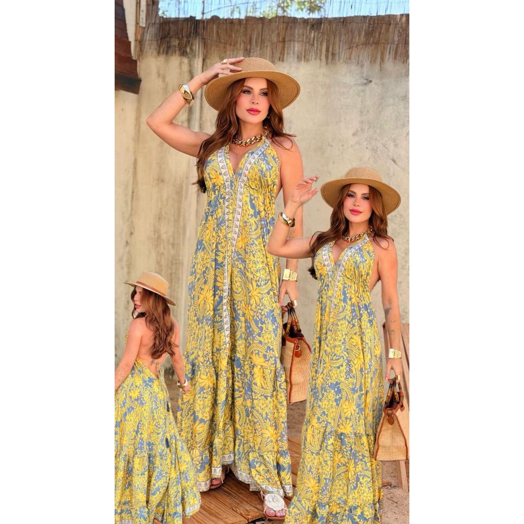 Vestido Indiano Importado Longo costas nua seda decotado moda praia cores azul, verde, amarelo, vermelho tamanho único em Oferta na Shopee