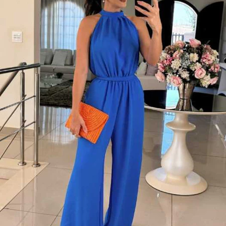 Macacão longo pantalona feminino cava americana com decote nas costas e cinto - crepe duna 