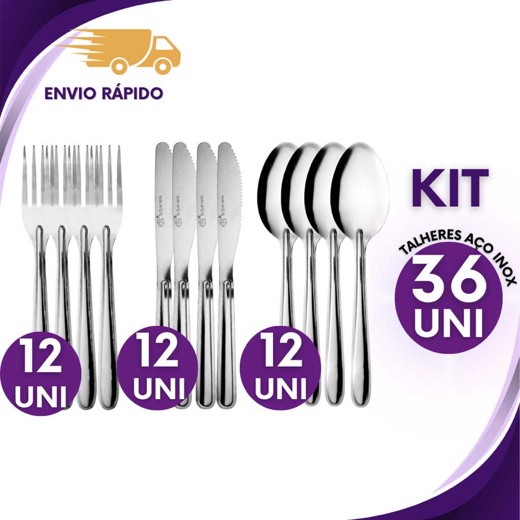 KIT 36 Talheres em Aço Inox Resistente e Elegante para Festas, Bares ...