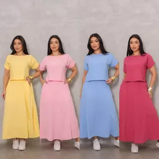 Conjunto Midi Feminino Saia Longa e Blusa com Bolsos – Viscolinho Tamanho Único