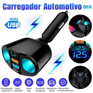 Carregador Veicular 120W Display Voltagem + 2 Saídas USB/C