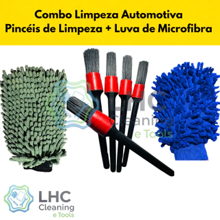 Combo Limpeza Automotiva Pincéis limpeza Automotiva Cinco Tamanhos + Luva de Lavagem Microfibra