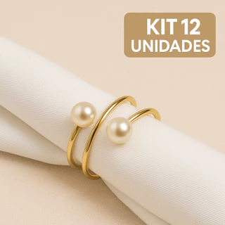 Kit 12 Anel Porta Guardanapos Dourado com Pérola Creme Mesa Posta Luxuosa