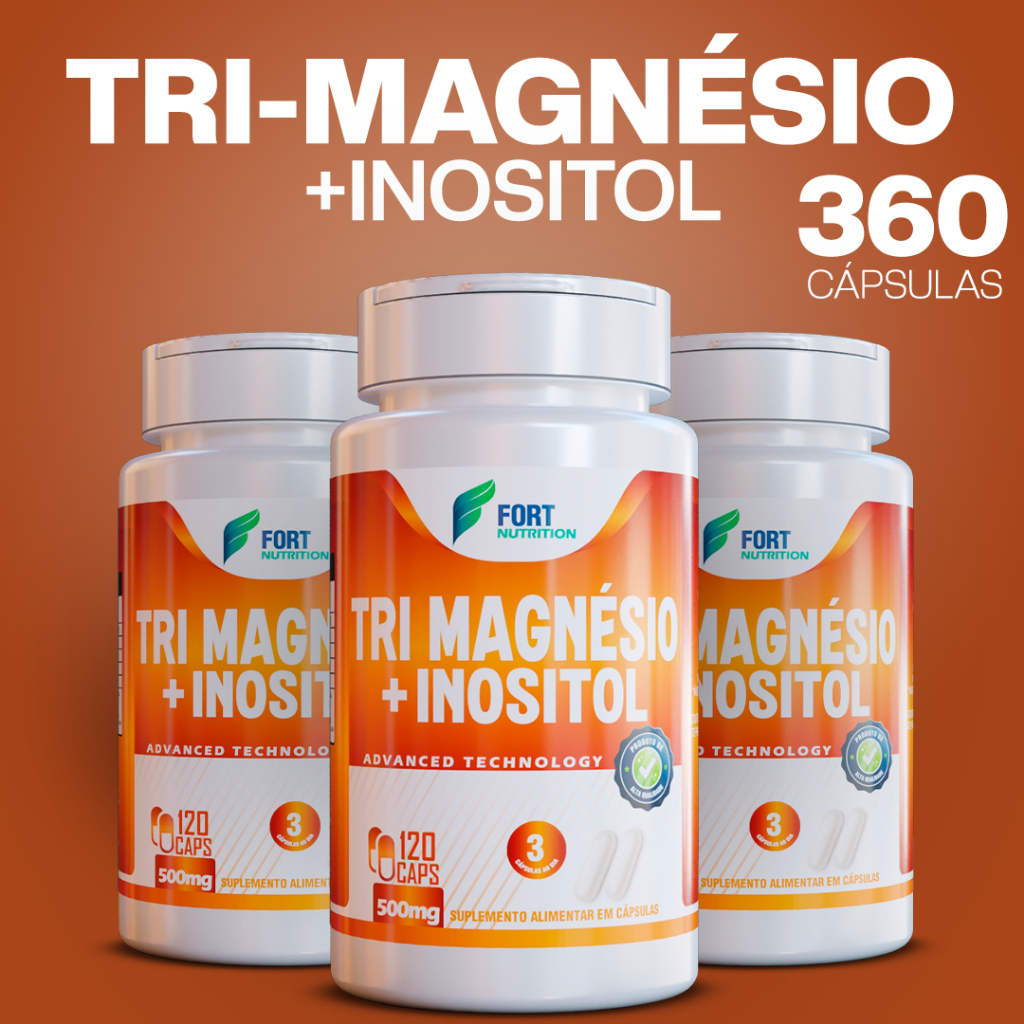 TriMagnésio+Inositol 500mg–Kit 3 Frascos 360 Cps Dimalato, Quelato e ...